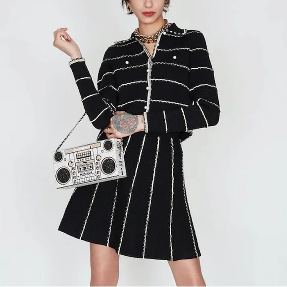 NWT Sandro Black Tweed Two-Piece Jacket & Skirt Set with Cream Trim - Picture 2 of 10